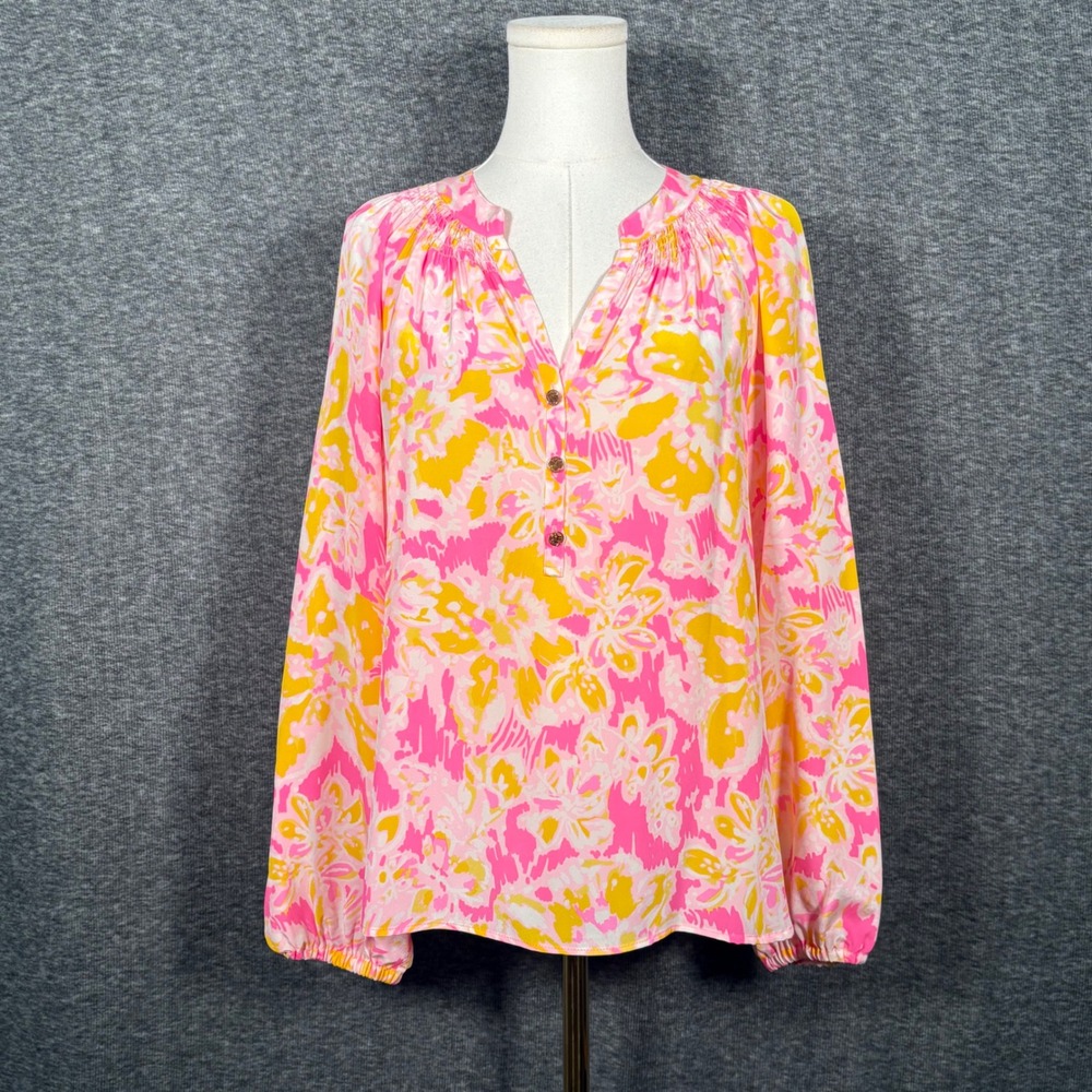 Lilly Pulitzer Floral Silk Elsa Blouse Pink Yellow Womens Medium